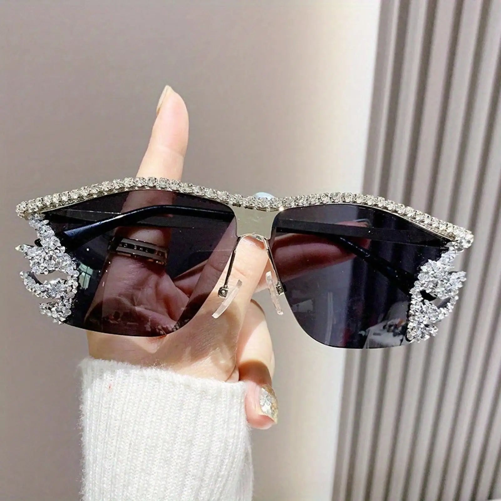 Bedazzled & Unbothered – Rhinestone Rimless Shades